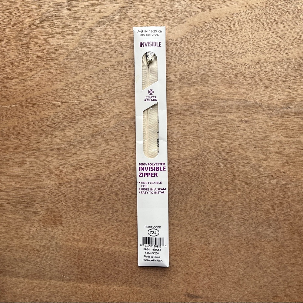 Coats & Clark Invisible Zipper 7-9” Color 256 Natural 100% Polyester